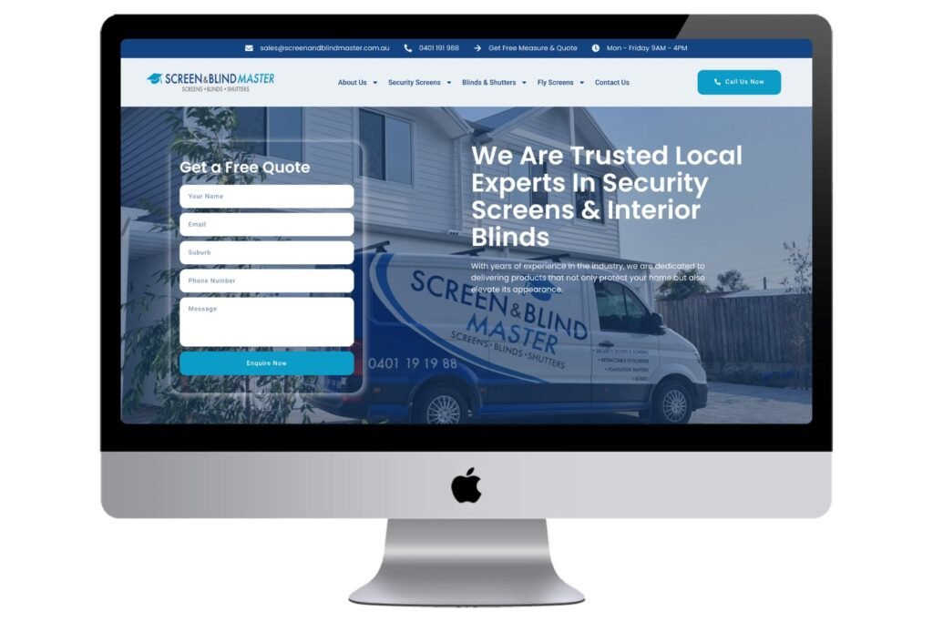 Screen and Blind Master new website displayed on a monitor